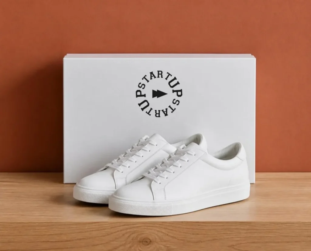 Sneakers bianche davanti alla scatola con logo START UP®