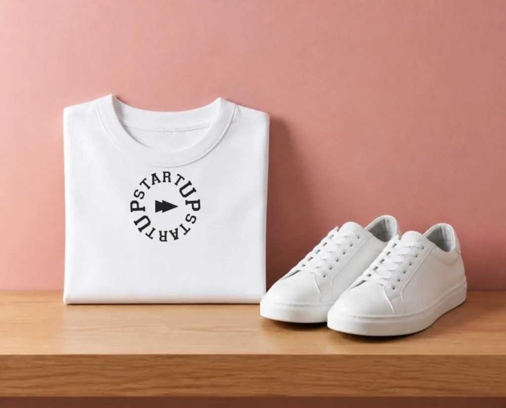 T-shirt bianca con logo START UP® e sneakers su mensola